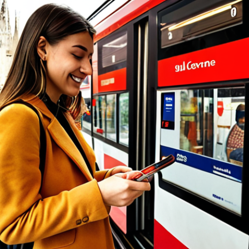 Home 11 **
A young Italian woman happily swiping her debit card on a contactless payment reader on a Milan tram. She's stylishly dressed, and the background shows a blurred view of the Duomo. Text overlay: "Cashback sui trasporti: Scopri come risparmiare!" (Cashback on transport: Discover how to save!) Focus on the ease and modernity of contactless payment. Use warm, inviting colors.
**