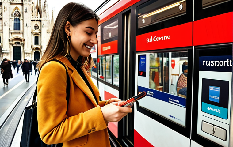**
A young Italian woman happily swiping her debit card on a contactless payment reader on a Milan tram. She's stylishly dressed, and the background shows a blurred view of the Duomo. Text overlay: "Cashback sui trasporti: Scopri come risparmiare!" (Cashback on transport: Discover how to save!) Focus on the ease and modernity of contactless payment. Use warm, inviting colors.
**