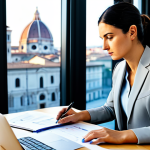 A focused professional woman, Italian ethnicity, wearing a modest business suit, sitting diligently at a sleek modern office desk. She is meticulously reviewing financial charts and reports on paper documents, with a laptop open beside her. The background features a bright, organized office with a large window offering a soft, blurred view of a modern Italian city skyline. The lighting is professional and clean. fully clothed, appropriate attire, safe for work, appropriate content, professional, perfect anatomy, correct proportions, natural pose, well-formed hands, proper finger count, natural body proportions.