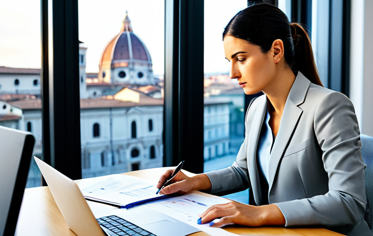 A focused professional woman, Italian ethnicity, wearing a modest business suit, sitting diligently at a sleek modern office desk. She is meticulously reviewing financial charts and reports on paper documents, with a laptop open beside her. The background features a bright, organized office with a large window offering a soft, blurred view of a modern Italian city skyline. The lighting is professional and clean. fully clothed, appropriate attire, safe for work, appropriate content, professional, perfect anatomy, correct proportions, natural pose, well-formed hands, proper finger count, natural body proportions.