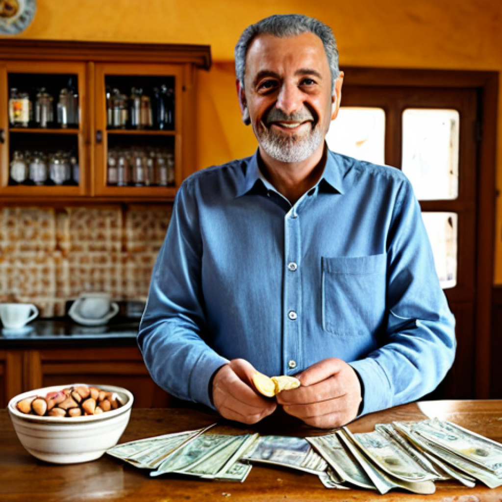 A middle-aged man with a warm, friendly expression, wearing a modest, classic Italian casual shirt and trousers, standing at a traditional Italian 'bar' counter. He is holding a few Euro banknotes and coins in his well-formed hands, paying for a small coffee. The background features a cozy, rustic interior with traditional decor, sunlight streaming through a window. perfect anatomy, correct proportions, natural pose, well-formed hands, proper finger count, natural body proportions, safe for work, appropriate content, fully clothed, modest, family-friendly, high-quality photography, realistic.