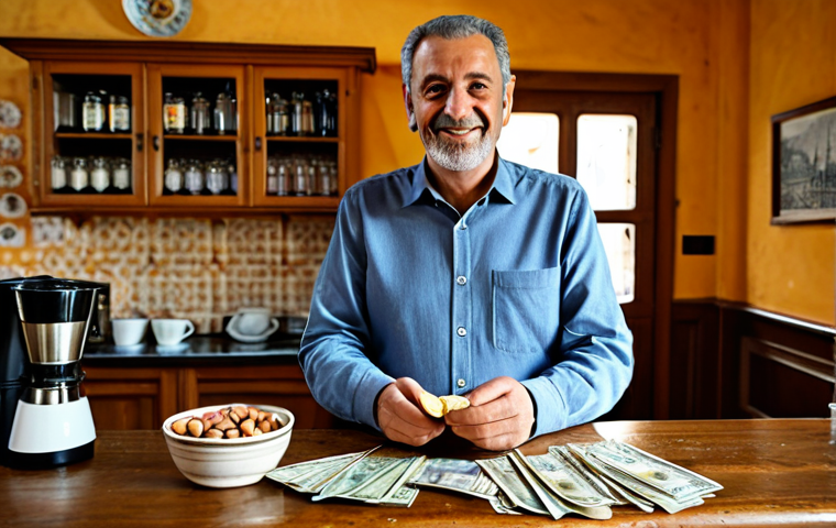 A middle-aged man with a warm, friendly expression, wearing a modest, classic Italian casual shirt and trousers, standing at a traditional Italian 'bar' counter. He is holding a few Euro banknotes and coins in his well-formed hands, paying for a small coffee. The background features a cozy, rustic interior with traditional decor, sunlight streaming through a window. perfect anatomy, correct proportions, natural pose, well-formed hands, proper finger count, natural body proportions, safe for work, appropriate content, fully clothed, modest, family-friendly, high-quality photography, realistic.