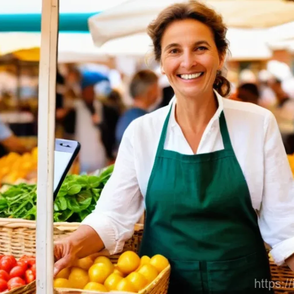 체크카드 간편결제 연동 - **Prompt:** A vibrant, sun-drenched scene at a traditional Italian "mercato rionale" (local market)....