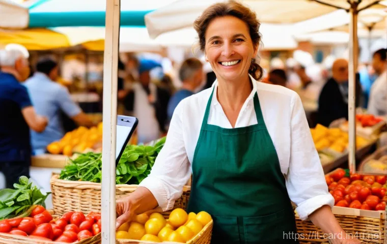 체크카드 간편결제 연동 - **Prompt:** A vibrant, sun-drenched scene at a traditional Italian "mercato rionale" (local market)....