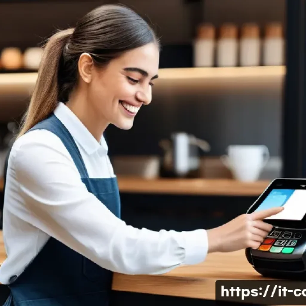 체크카드 대체 결제 수단 - A modern Italian urban shopping scene featuring a young professional woman using Apple Pay on her sm...