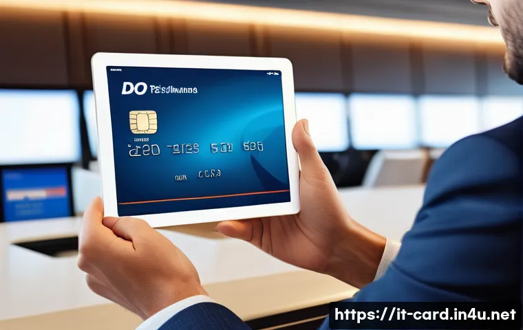 신용카드 무료 해외 여행 보험 - A professional traveler at an airport lounge, holding an Italian credit card and reviewing travel in...