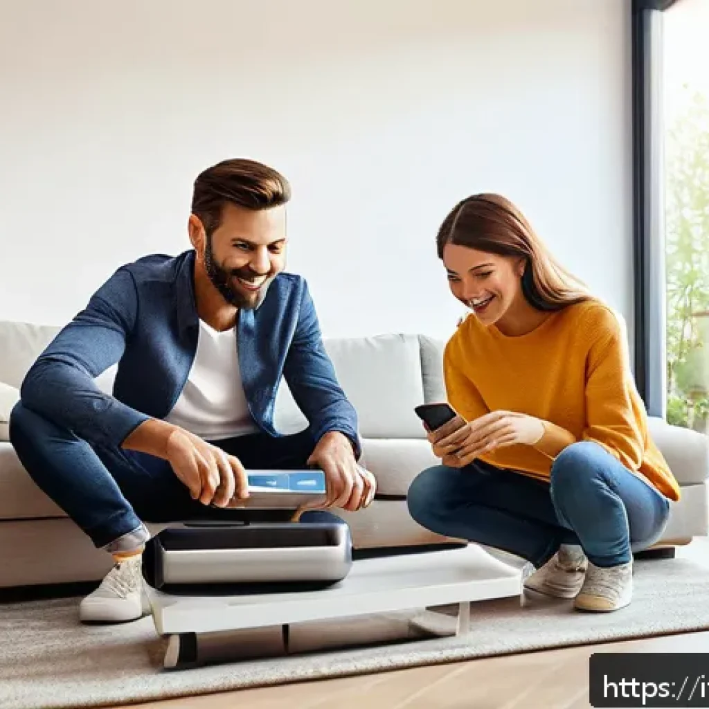 무이자 할부 카드 추천 - A modern Italian family in a bright, stylish living room, happily unpacking a new home appliance pur...