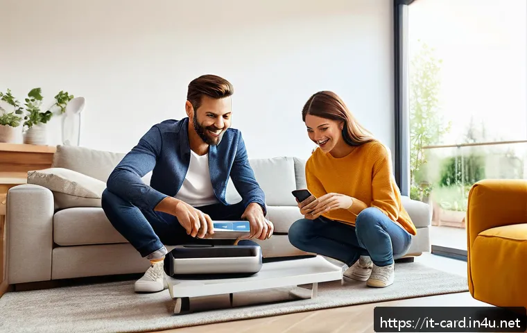 무이자 할부 카드 추천 - A modern Italian family in a bright, stylish living room, happily unpacking a new home appliance pur...