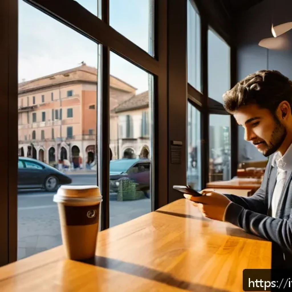 체크카드로 투자 시작하기 - A modern Italian urban café scene showing a young adult casually using a debit card on a sleek smart...