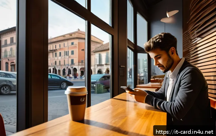 체크카드로 투자 시작하기 - A modern Italian urban caf&eacute; scene showing a young adult casually using a debit card on a sleek smart...