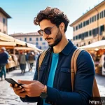 신용카드로 여행 경비 관리 - A stylish traveler in Italy checking their smartphone app for credit card limits and foreign transac...
