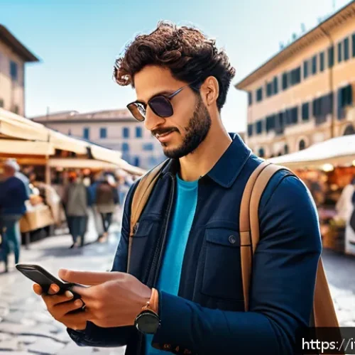 신용카드로 여행 경비 관리 - A stylish traveler in Italy checking their smartphone app for credit card limits and foreign transac...
