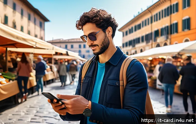 신용카드로 여행 경비 관리 - A stylish traveler in Italy checking their smartphone app for credit card limits and foreign transac...