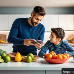 체크카드와 신용카드 차이 - A modern Italian family sitting at a kitchen table reviewing their monthly budget, with a focus on a...