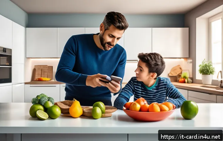 체크카드와 신용카드 차이 - A modern Italian family sitting at a kitchen table reviewing their monthly budget, with a focus on a...