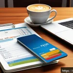 체크카드 소비 분석 리포트 - A detailed digital illustration of a modern Italian kitchen table scattered with monthly debit card ...