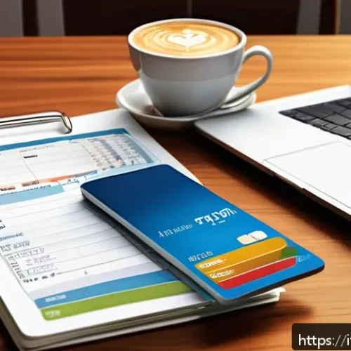 체크카드 소비 분석 리포트 - A detailed digital illustration of a modern Italian kitchen table scattered with monthly debit card ...