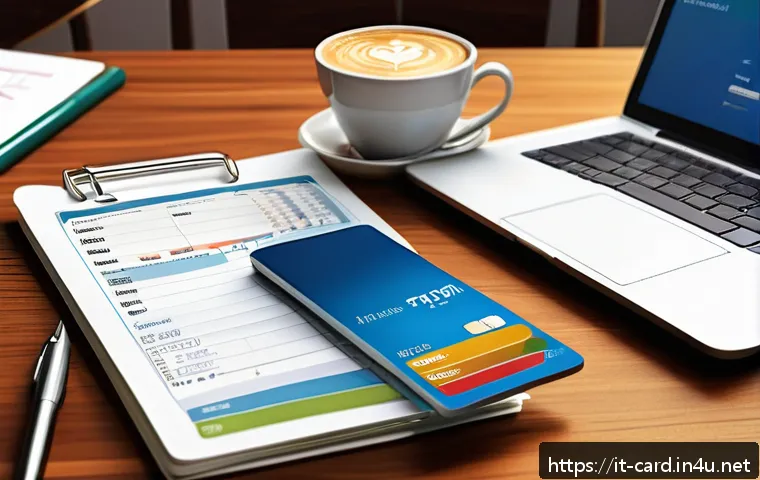 체크카드 소비 분석 리포트 - A detailed digital illustration of a modern Italian kitchen table scattered with monthly debit card ...