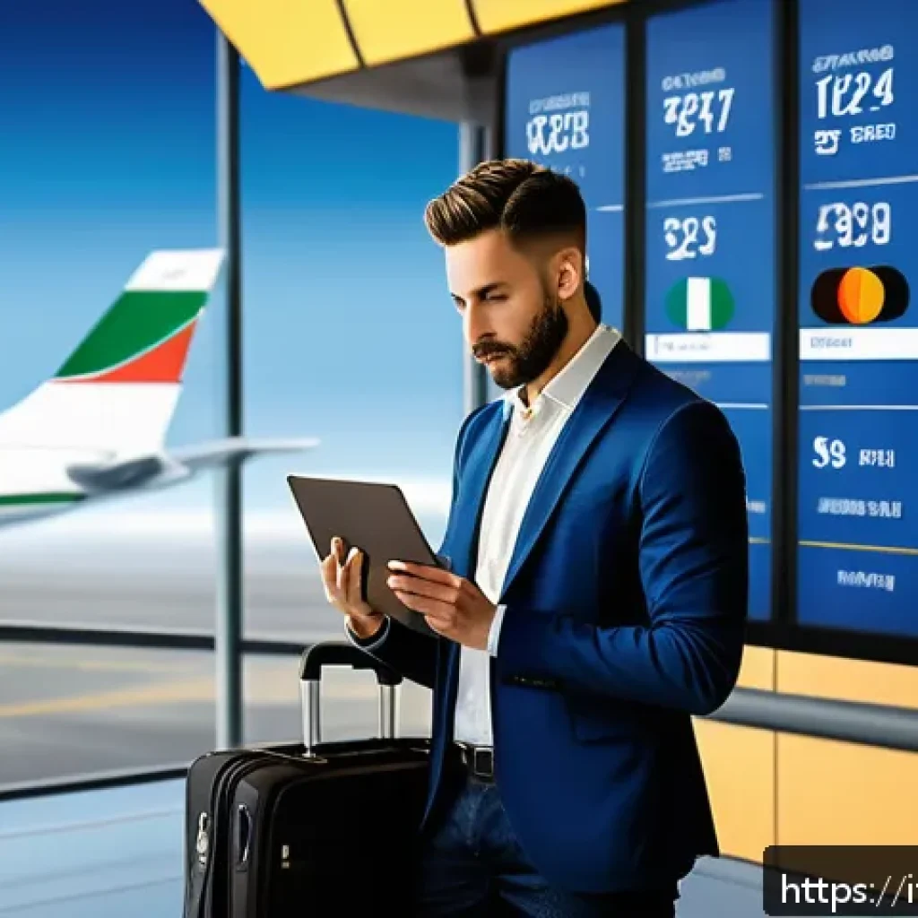 신용카드로 해외 항공권 구매 - A modern Italian traveler at an airport lounge, sitting comfortably with a premium credit card in ha...