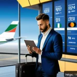 신용카드로 해외 항공권 구매 - A modern Italian traveler at an airport lounge, sitting comfortably with a premium credit card in ha...