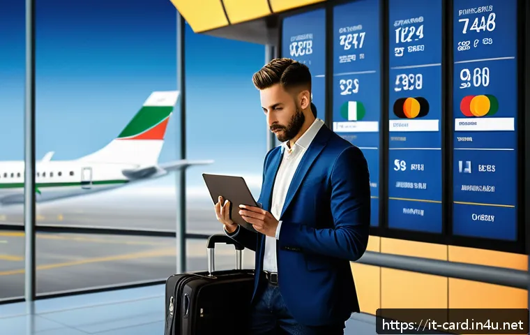 신용카드로 해외 항공권 구매 - A modern Italian traveler at an airport lounge, sitting comfortably with a premium credit card in ha...